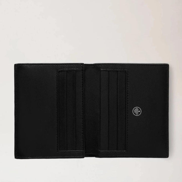 Mulberry Heritage Trifold Wallet Small Classic Grain Black åbnet, sort læder, synlige kortholdere. Model RL7396205A100