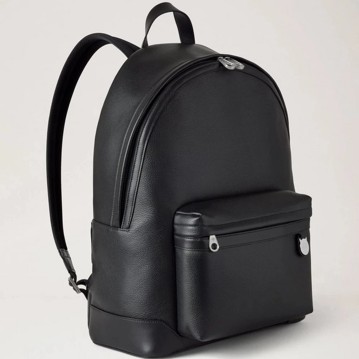 Mulberry Heritage Zipped Backpack Black Small Classic Grain, sort læderrygsæk med frontlomme, Model HH9925205A100.