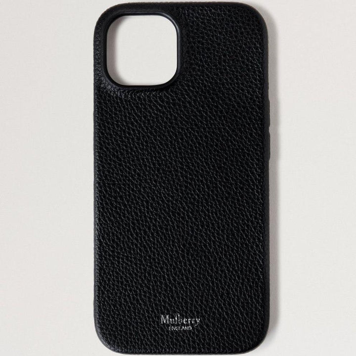 Mulberry iPhone 15 Case viser et elegant sort lædercover med tekstur og præget logo, Model RL8012205A100.