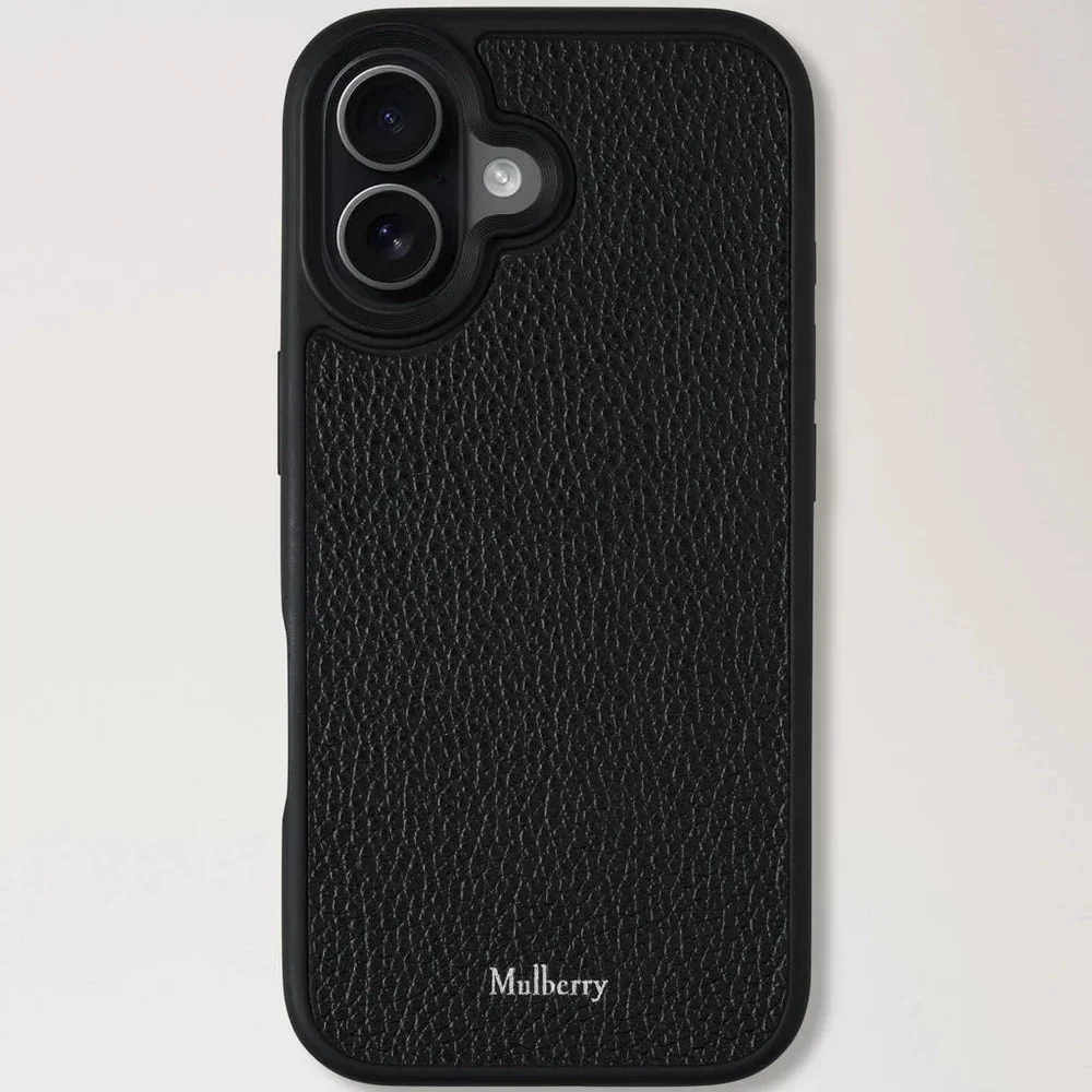 Mulberry iPhone 17 Case Small Classic Grain Black, elegant sort lædercover set bagfra. Model rl8910205a100