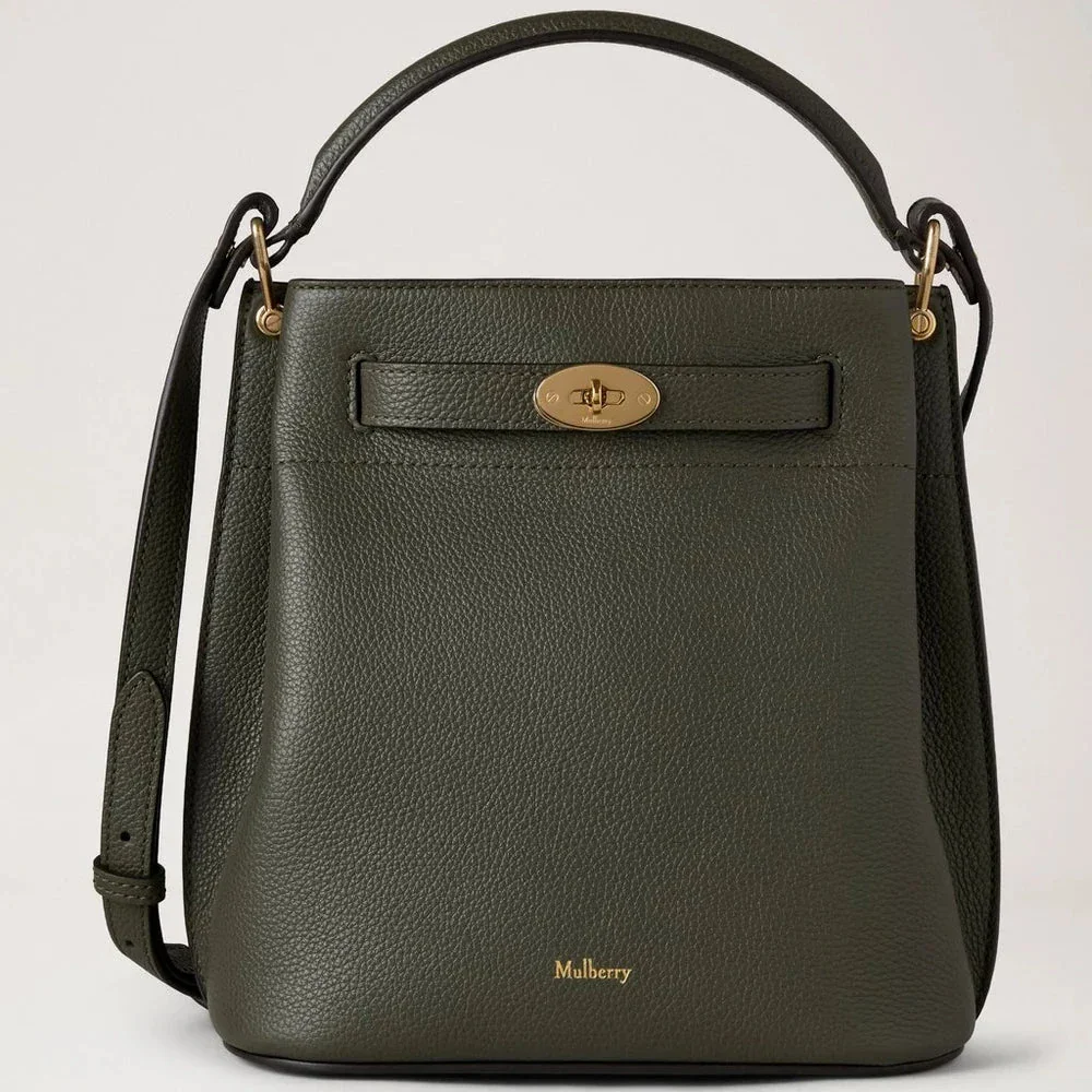 Mulberry Islington Bucket Juniper Green Small Classic Grain, elegant grøn lædertaske med guld detaljer. Model hh9390205q749