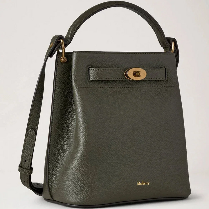 Mulberry Islington Bucket Juniper Green Small Classic Grain i grønt læder med gyldne detaljer. Model HH9390205Q749