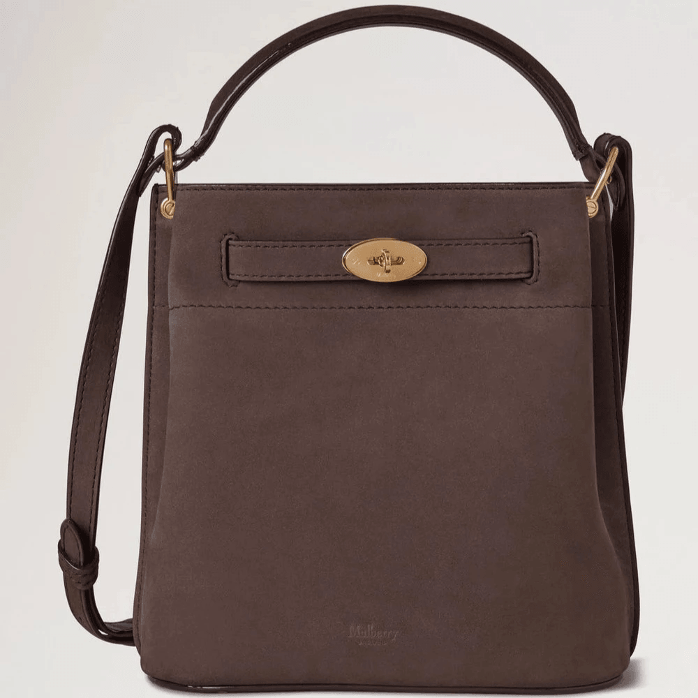 Mulberry Islington Bucket Nubuck Ebony viser brun skuldertaske i nubuck med gyldne detaljer. Model HH9567687A110.