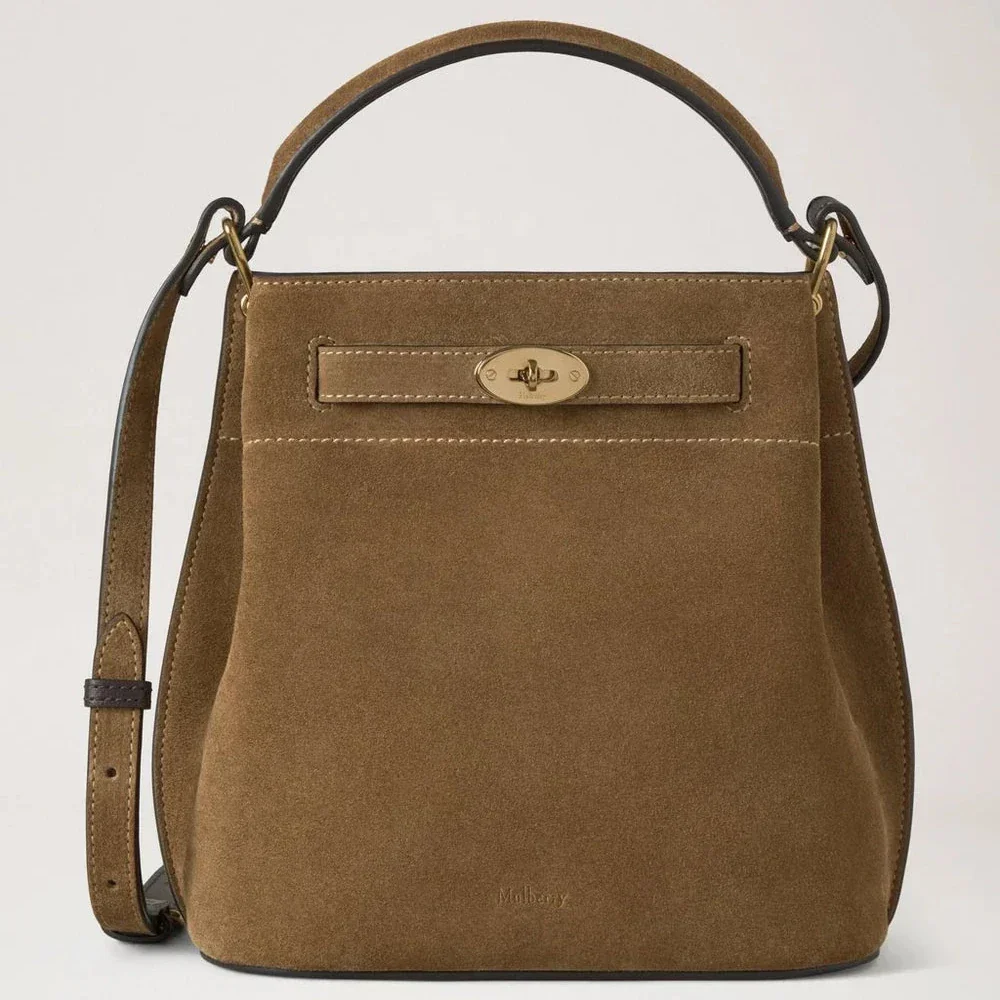Mulberry Islington Bucket Salcombe Sand Suede, rummelig brun skuldertaske i ruskind med guldspænde. Model HH9884047P705.
