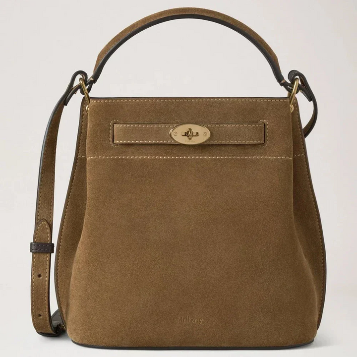 Mulberry Islington Bucket Salcombe Sand Suede, rummelig brun skuldertaske i ruskind med guldspænde. Model HH9884047P705.