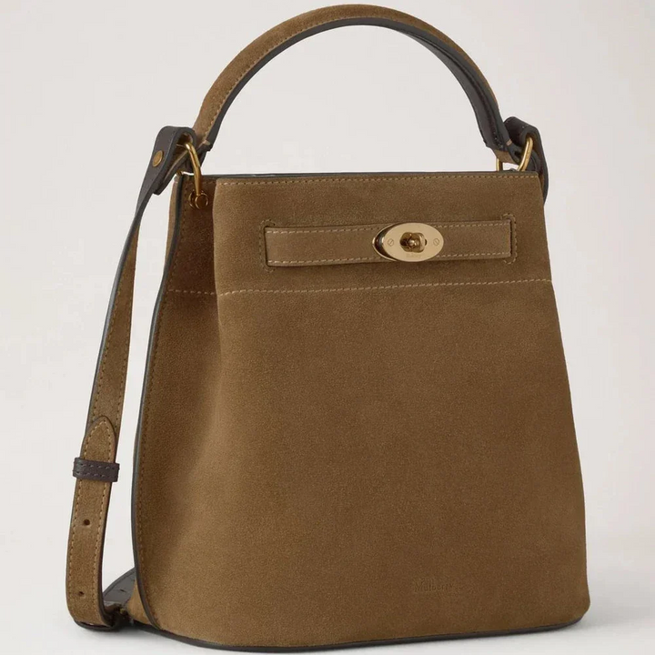 Mulberry Islington Bucket Salcombe Sand Suede viser crossbody taske i sandfarvet ruskind med gyldne detaljer. Model HH9884047P705.