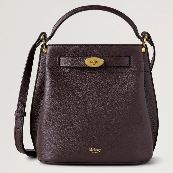 Mulberry Islington Bucket Small Classic Grain Ebony, brun skuldertaske i læder med gyldne detaljer. Model hh9390205a110.