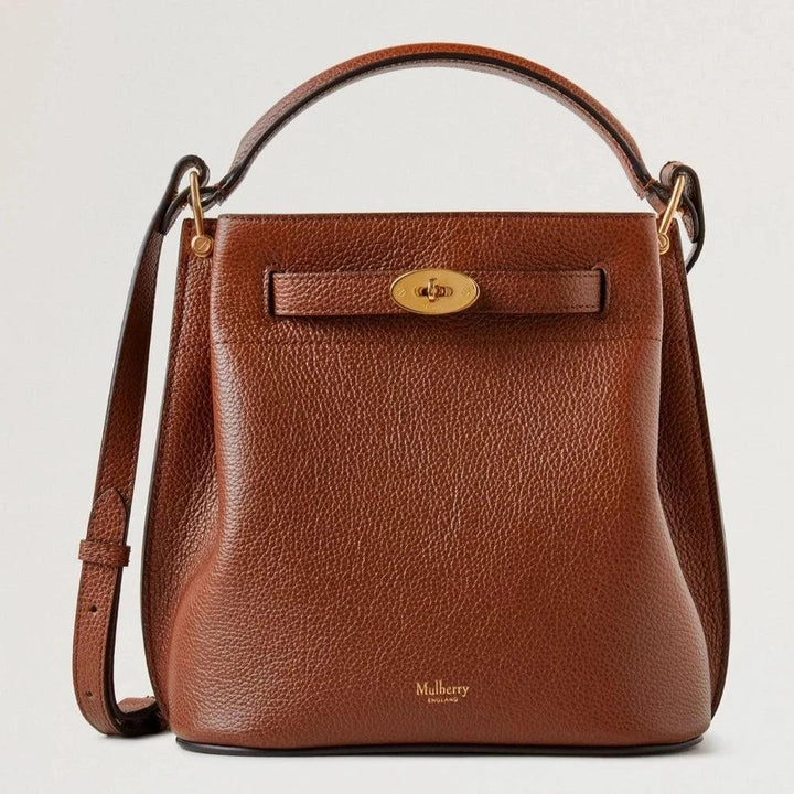 Mulberry Islington Bucket Small Classic Grain Oak, brun skuldertaske i læder med guldspænde. Model hh9395552g110