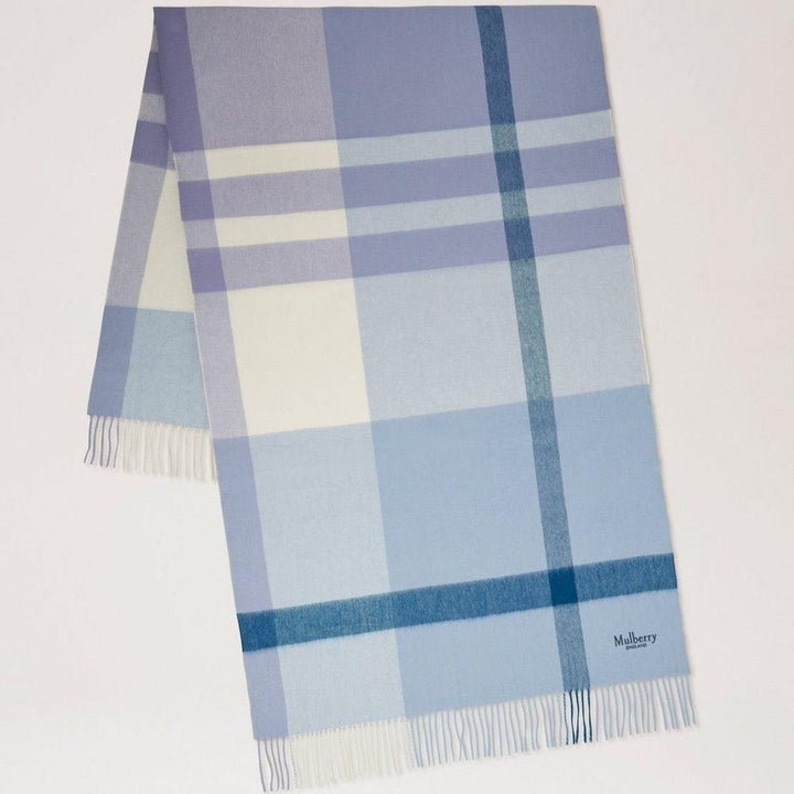 Mulberry Large Check Merino Wool Scarf Poplin Blue White i blåt og hvidt ternet uld, Model VS4295889U910.