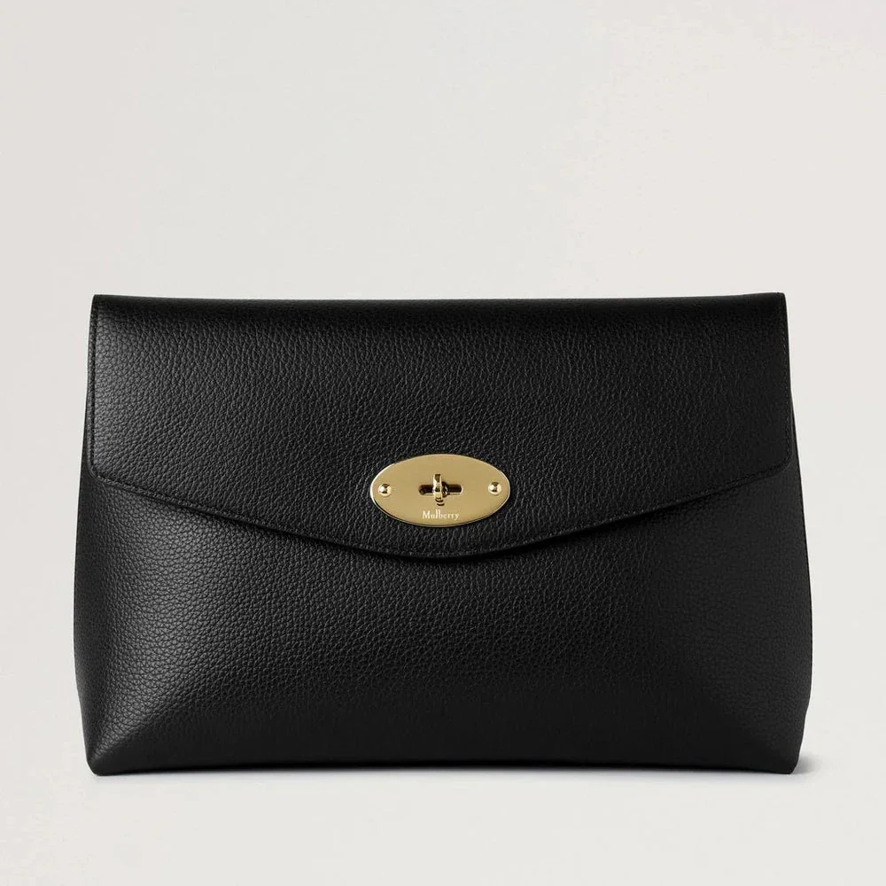 Mulberry Large Darley Cosmetic Pouch Black Small Classic Grain med gyldent lås, sort læder. Model RL8849205A100