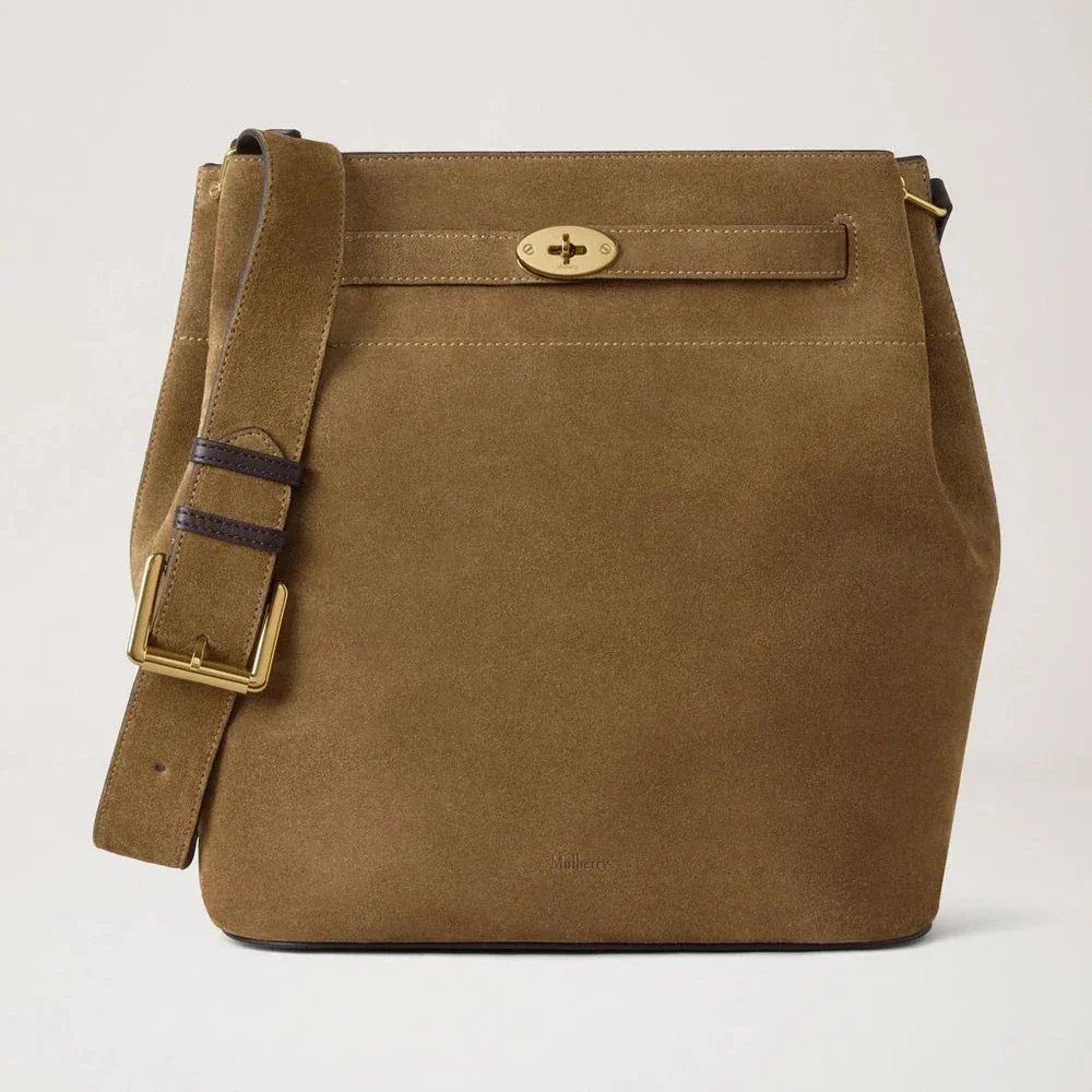 Mulberry Large Islington Bucket Salcombe Sand Suede taske i sandfarvet ruskind med bred skulderrem. Model HH9883047P705