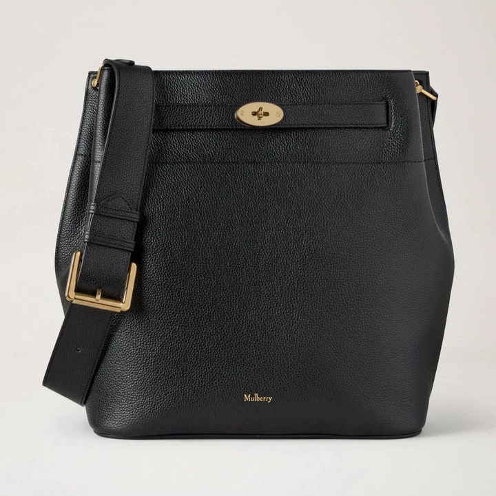Mulberry Large Islington Bucket Small Classic Grain Black med bred skulderrem og gulddetaljer, Model HH9825205A100.