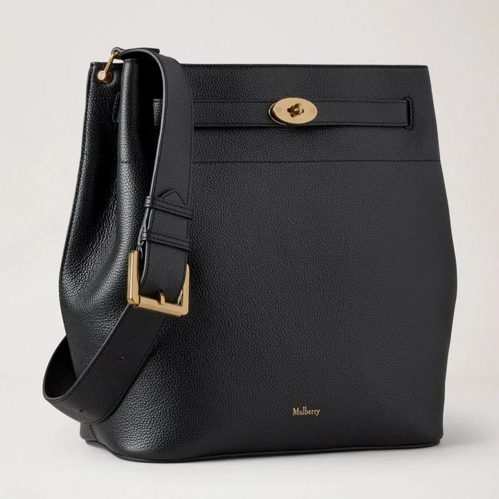 Mulberry Large Islington Bucket Small Classic Grain Black taske i sort skind med gulddetaljer, Model hh9825205a100.