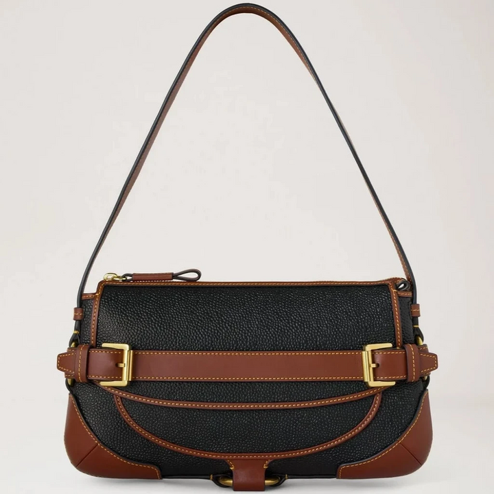Mulberry Lennox Shoulder Bag i sort og cognac bio-baseret Scotchgrain med detaljer, Model HH0015127A340.
