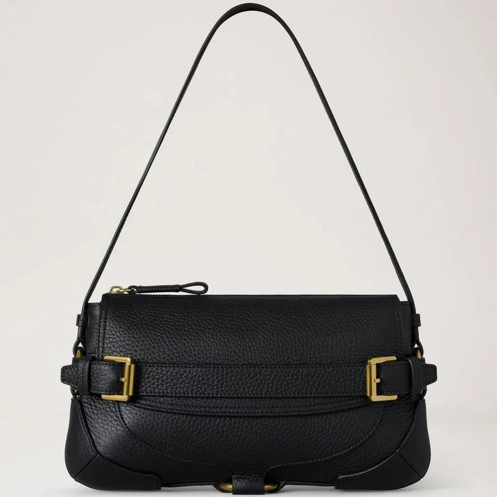 Mulberry Lennox Shoulder Heavy Grain Black skuldertaske i sort læder med guldfarvede spænder, Model hh0030736a100