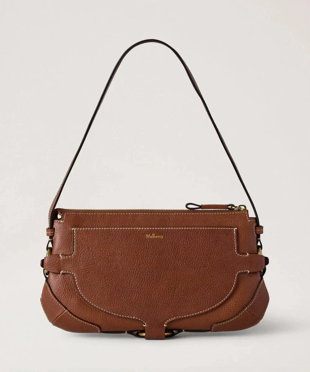 Mulberry Lennox Shoulder Heritage NVT Oak taske i brunt læder med markante syninger, Model HH9961730G110