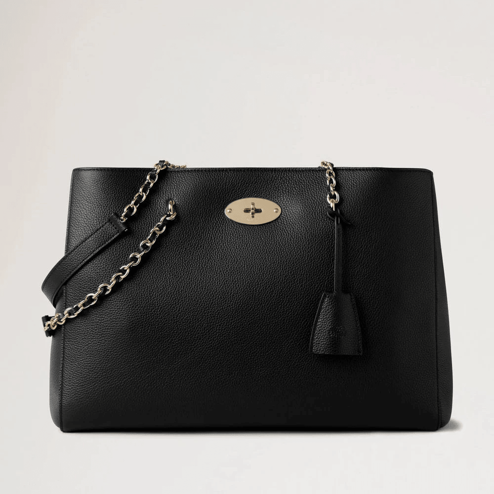 Mulberry Lily Chain Tote Small Classic Grain Black, elegant sort lædertaske med guldfarvet kæderem. Model HH9576205A100