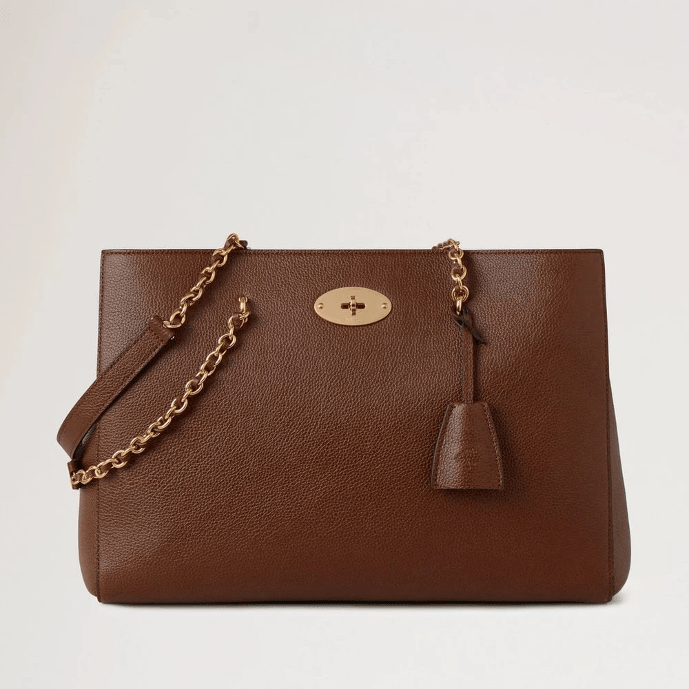Mulberry Lily Chain Tote Small Classic Grain Oak Two Tone, brun skindtaske med guldkæde og detaljer. Model HH9577552G110