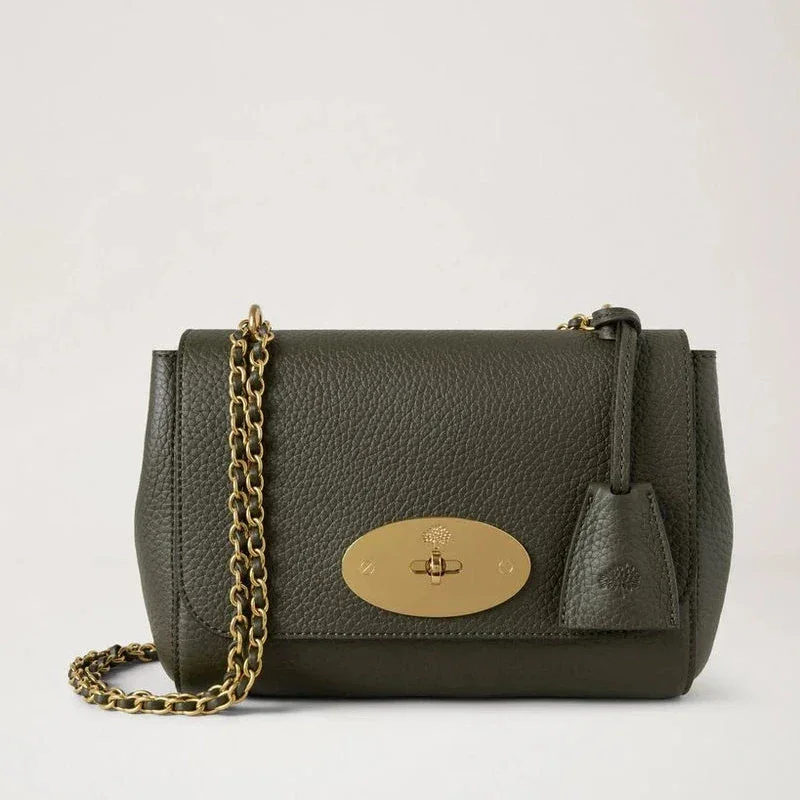 Mulberry Lily Heavy Grain Juniper Green skuldertaske i mørkegrønt skind med guldkæde. Model HH6950736Q749