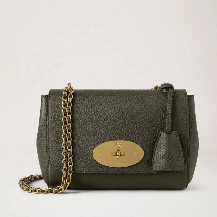 Mulberry Lily Heavy Grain Juniper Green skuldertaske i mørkegrønt skind med guldkæde. Model HH6950736Q749