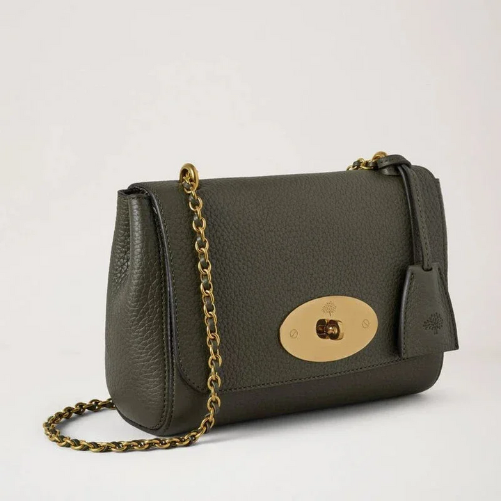 Mulberry Lily Heavy Grain Juniper Green skuldertaske i mørkegrøn læder med guldkæde, Model HH6950736Q749.