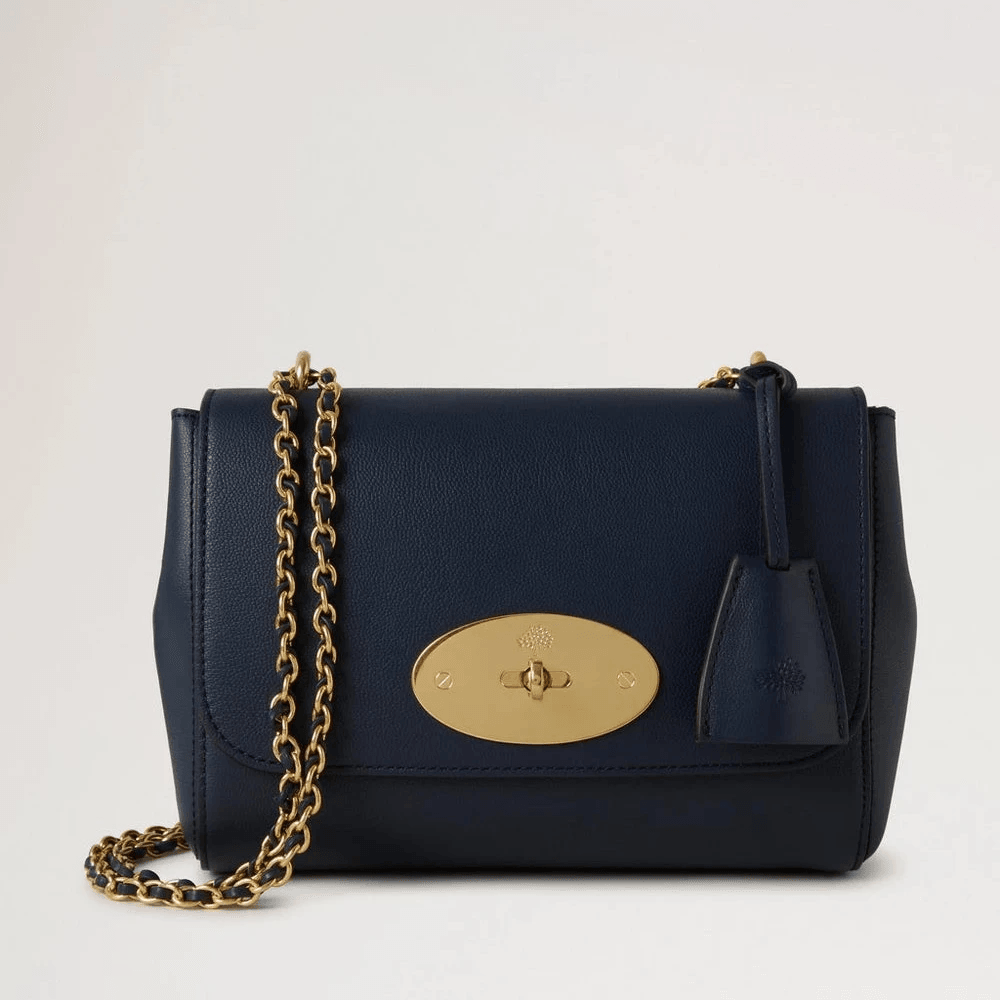 Mulberry Lily Micro Classic Grain Night Sky, mørkeblå lædertaske med guldkæde og lås, Model HH9179587U888.