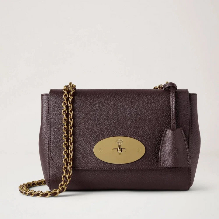 Mulberry Lily Small Classic Grain Ebony skuldertaske i mørkebrunt læder med guldkæde på lys baggrund. Model HH3291205A110