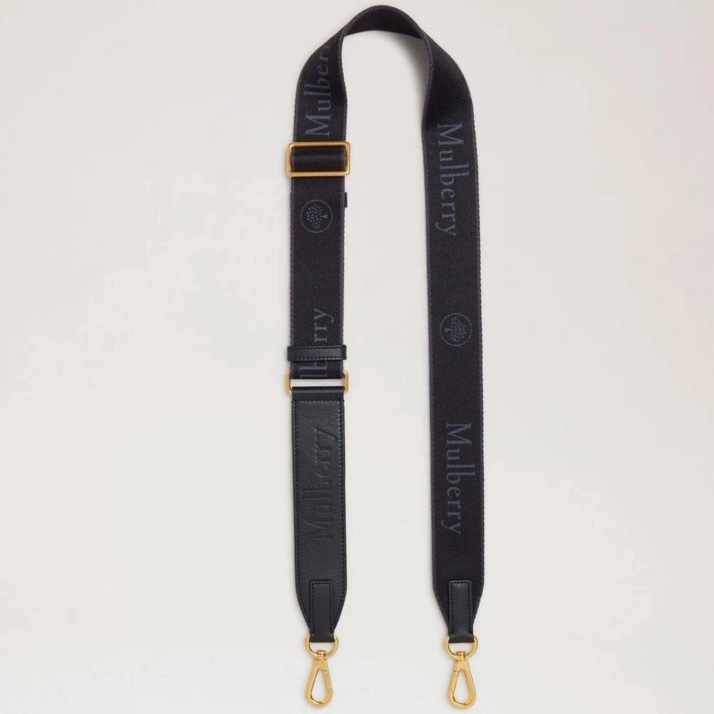 Mulberry Logo Webbing Strap Black Micro Classic Grain and Webbing, sort rem med logo, justerbar og guldfarvede spænder. Model rx0283000a100