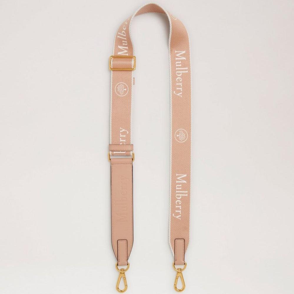 Mulberry logo webbing strap i maple, justerbar beige rem med gyldne spænder, Model RX0283000E631