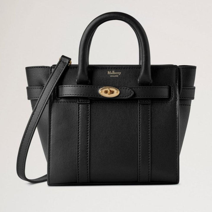 Mulberry Micro Zipped Bayswater taske i sort læder med guldspænde, forside, Model 12920