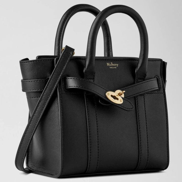Mulberry Micro Zipped Bayswater Small Classic Grain Black håndtaske i sort læder med gulddetaljer, Model rl8237587a100.