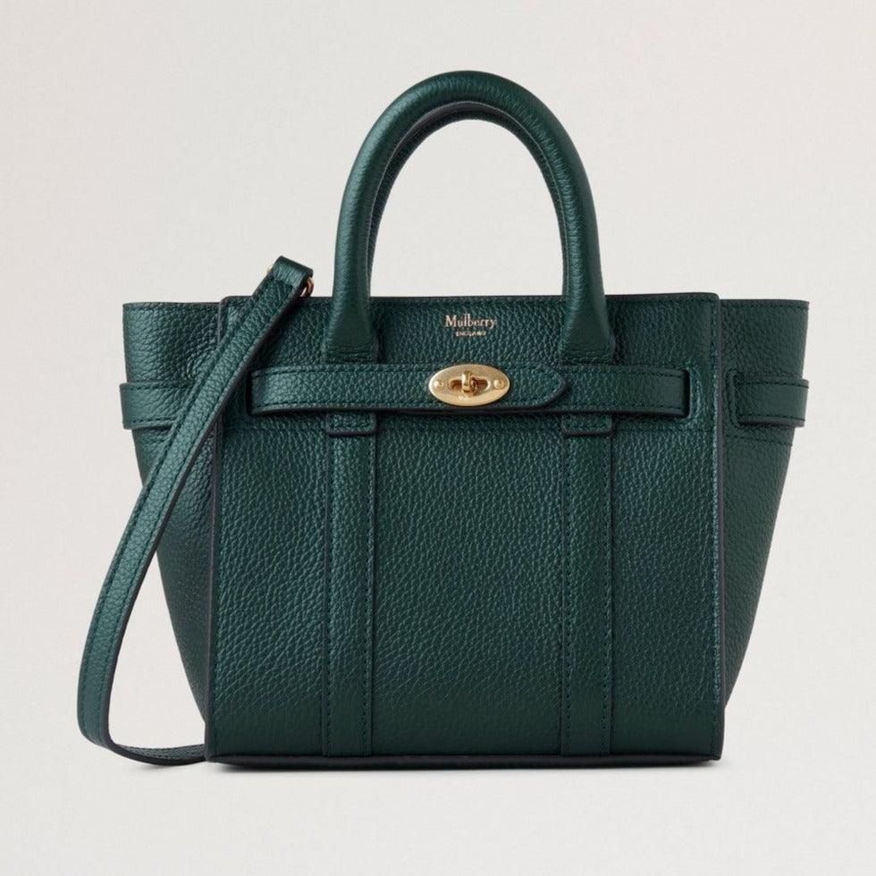 Mulberry Micro Zipped Bayswater Small Classic Grain Mulberry Green viser en grøn lædertaske med guldspænde, Model RL5476/205Q633