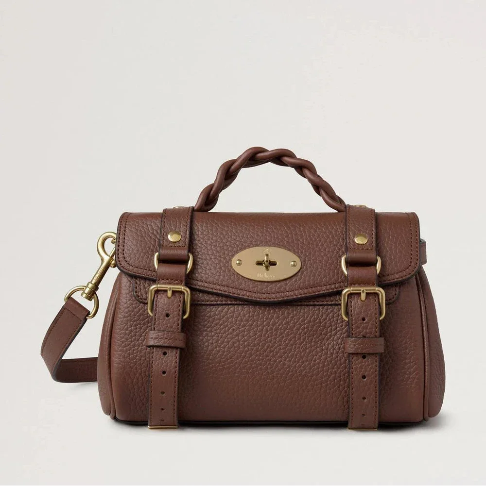Mulberry Mini Alexa Bright Oak Heavy Grain, brun lædertaske med flettet hank og gulddetaljer. Model rl6595736g222.