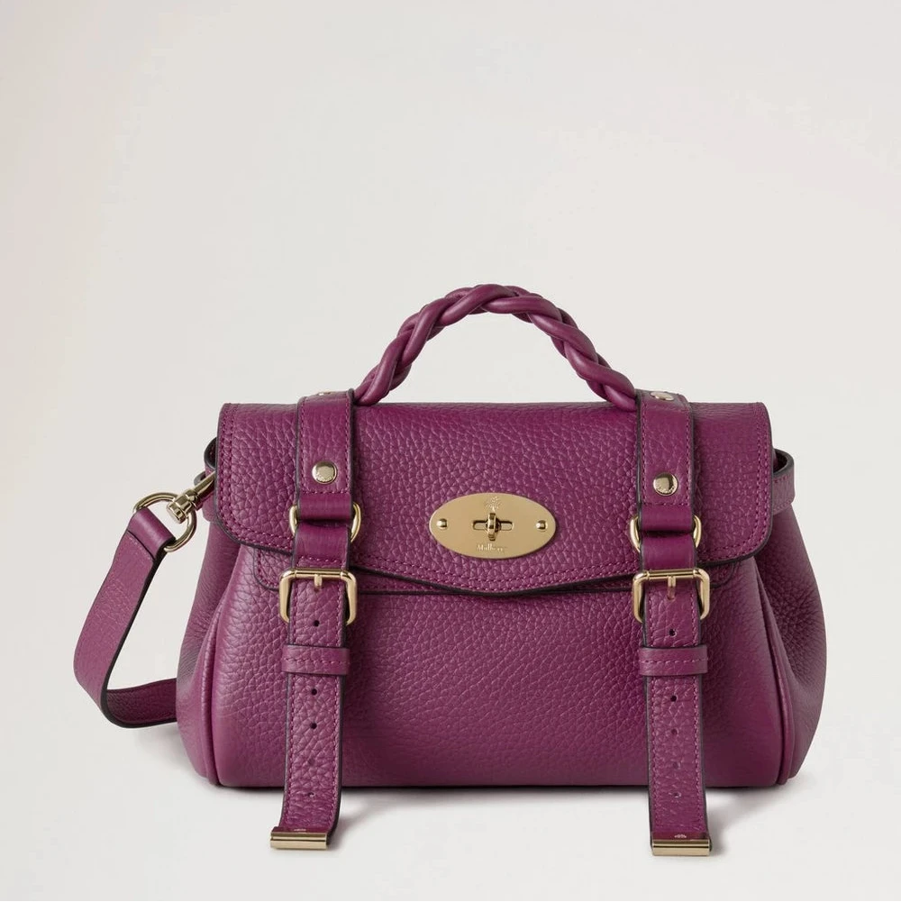 Mulberry Mini Alexa Orchid Bloom Heavy Grain, lilla lædertaske med flettet hank og spænder. Model RL6595736J512