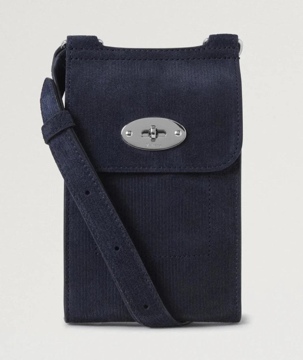 Mulberry Mini Antony Pouch Corduroy Suede Night Sky i mørkeblå fløjl med sølvspænde, Model RL8677684U888