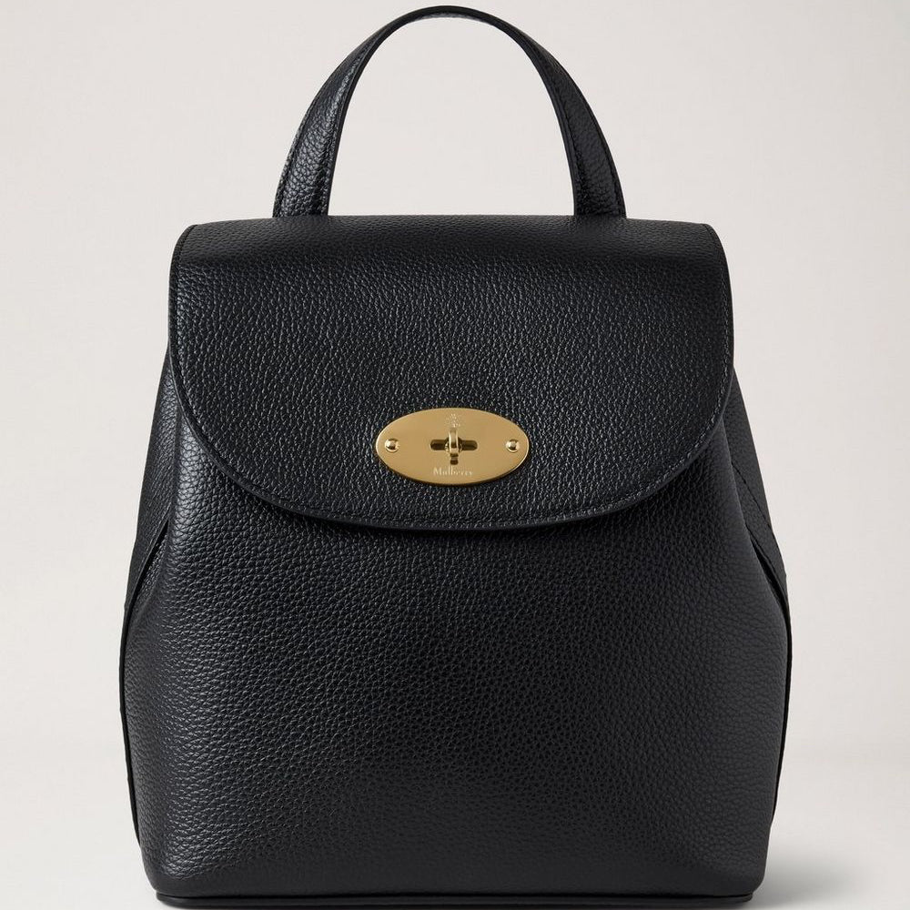 Mulberry Mini Bayswater Backpack Small Classic Grain Black, sort rygsæk i læder med guldspænde. Model hh9829205a100