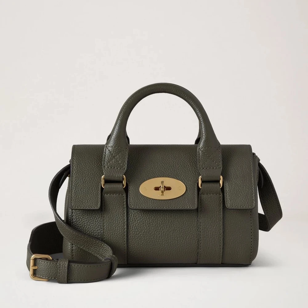 Mulberry Mini Heritage Bayswater Small Classic Grain Juniper Green håndtaske i læder med guldspænde. Model RL8928205Q749