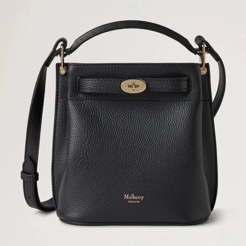 Mulberry Mini Islington Bucket Small Classic Grain Black, elegant skuldertaske i sort læder med guldspænde. Model rl8803205a100