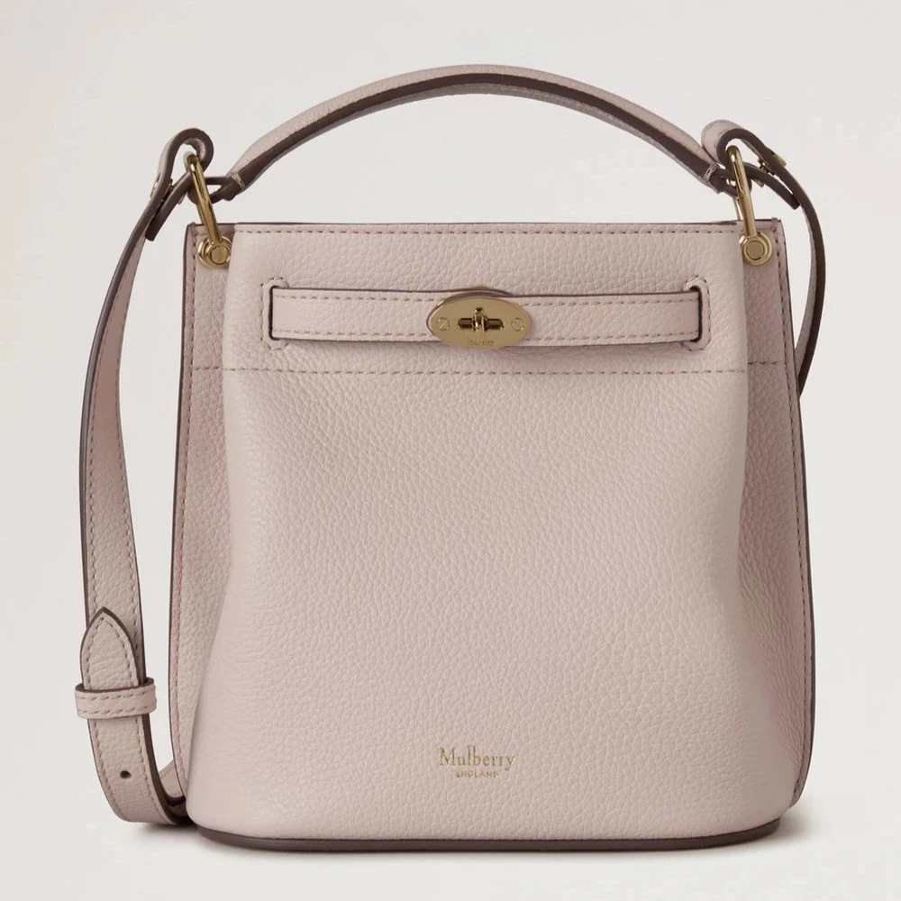 Mulberry Mini Islington Bucket Small Classic Grain Blossom Pink med guldspænde, struktureret læder, Model RL8803205J002.