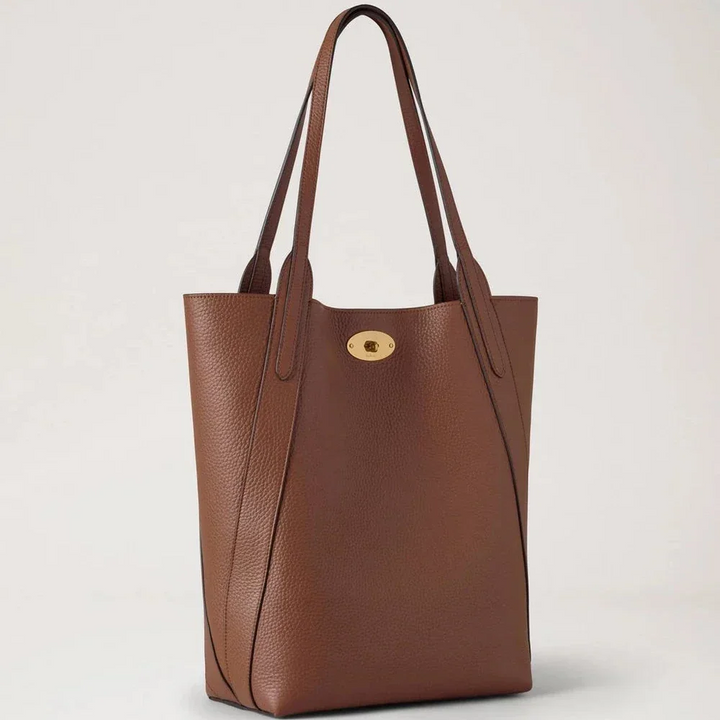 Mulberry North South Bayswater Heavy Grain Bright Oak, brun tote bag i kraftigt læder med guldspænde. Model HH9104736G222