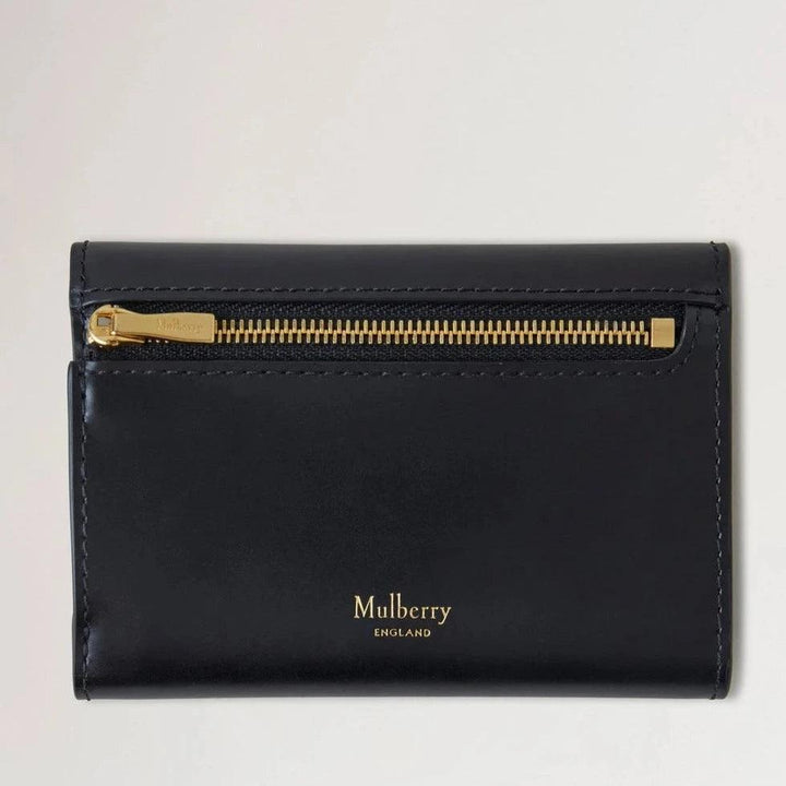 Mulberry Pimlico Compact Wallet, sort kalveskind med guld lynlås, minimalistisk design. Model RL8071603A100