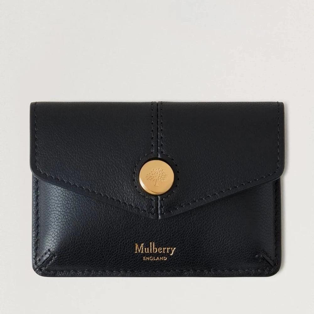 Mulberry Press Stud Coin Pouch Black Micro Classic Grain i sort læder med guldfarvet knap, set forfra. Model RL8709587A100