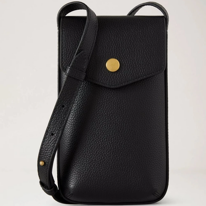 Mulberry Press Stud Phone Pouch Black i sort læder med guldtrykknap, skulderrem. Model RL8962/205A100