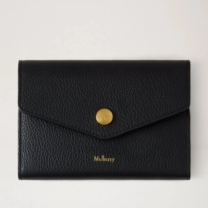 Mulberry Press Stud Wallet Black Small Classic Grain med guldfarvet trykknap i sort læder, Model RL8963205A100.