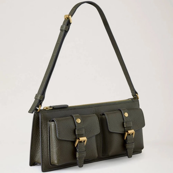 Mulberry Roxanne Mini Shoulder Bag Heritage NVT Juniper Green med to frontlommer i læder, Model RL8902/730Q749