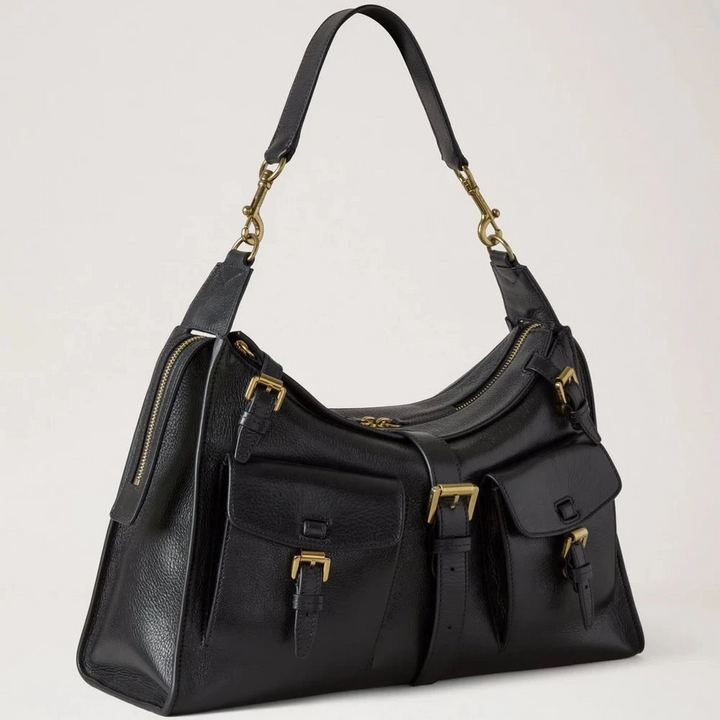 Mulberry Roxanne Shoulder Bag i sort læder med guldfarvede spænder og flere lommer. Model hh9886213a100.