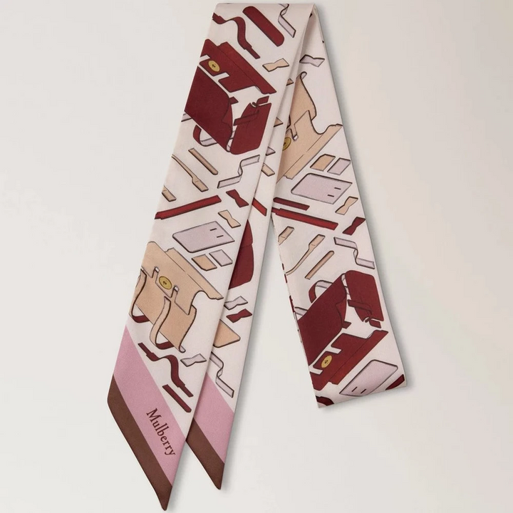 Mulberry Skinny Scarf Bayswater Workshop Blossom Pink, silketørklæde i lyserød med taskemotiv, Model VS4868146J002