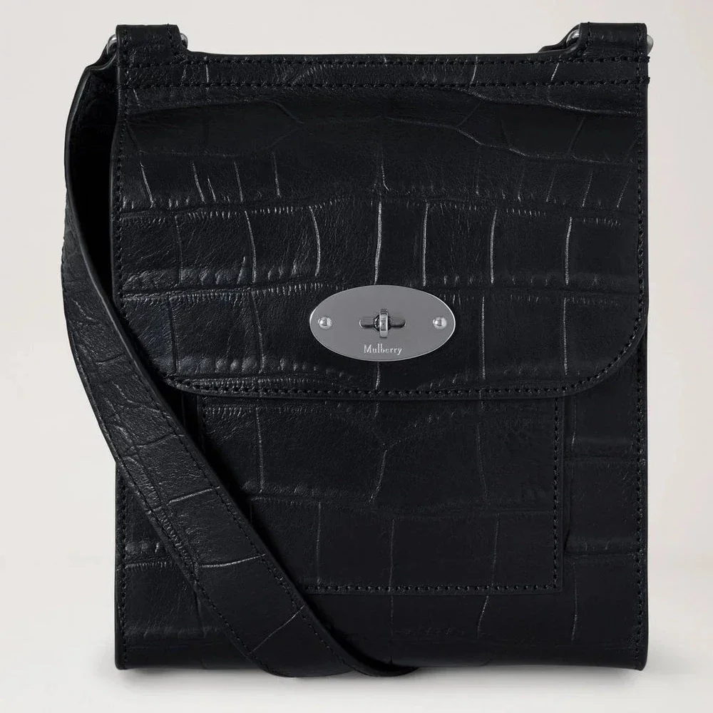 Mulberry Small Antony NVT Croc i sort crocopræget læder med sølvfarvede detaljer, Model HH9922741A100.