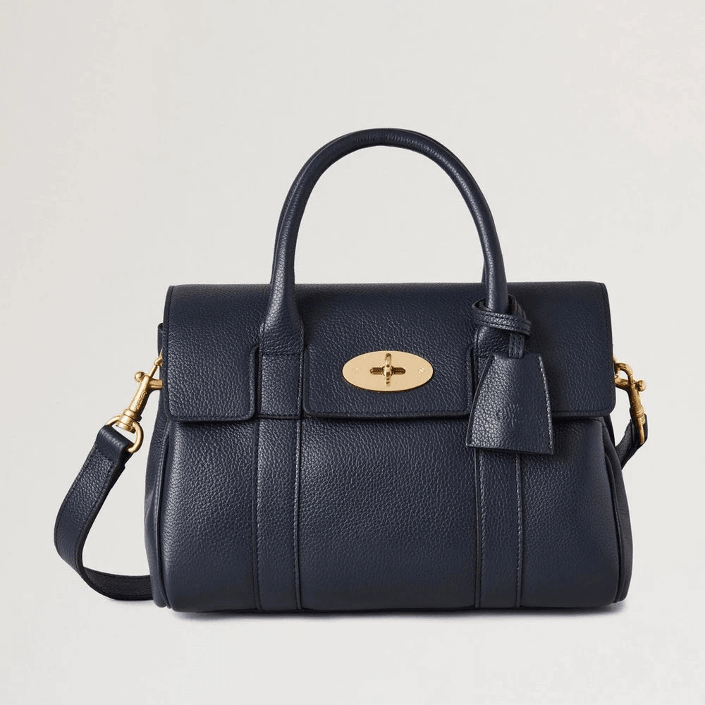 Mulberry Small Bayswater Satchel Night Sky viser en mørkeblå lædertaske med guldspænde, Model HH9216205U888.