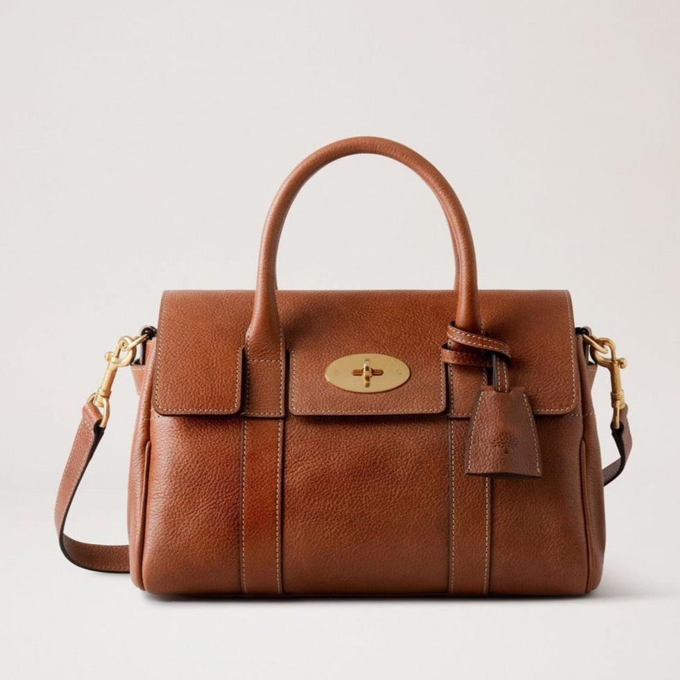 Mulberry Small Bayswater Satchel i brun læder, forside med hank og skulderrem, model 81890